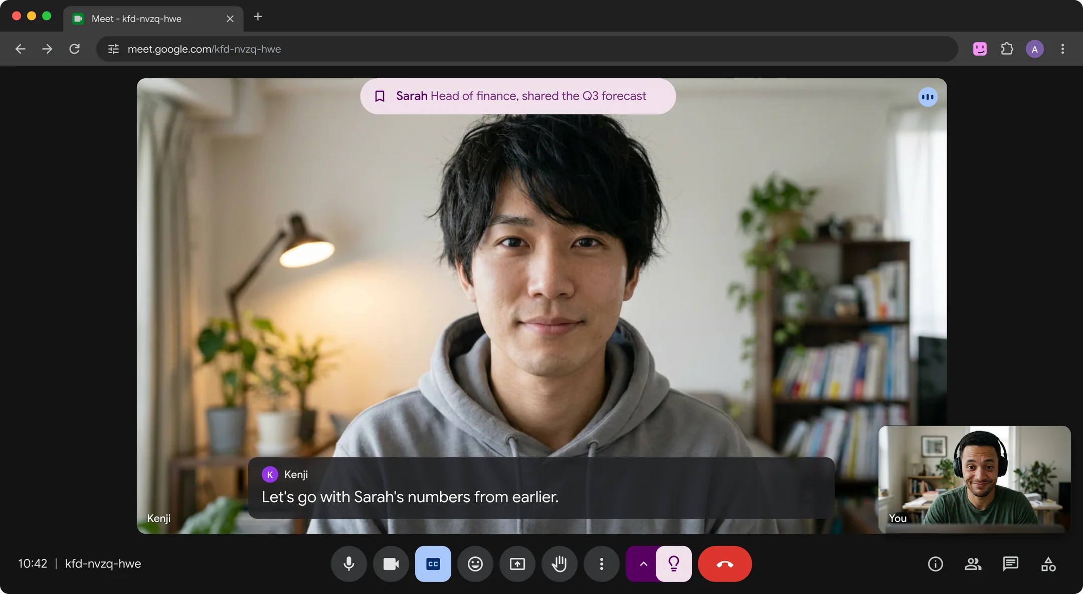 A Google Meet call where Kenji mentions Sarah's numbers and a Hintly card reminds you that Sarah is head of finance and shared the Q3 forecast