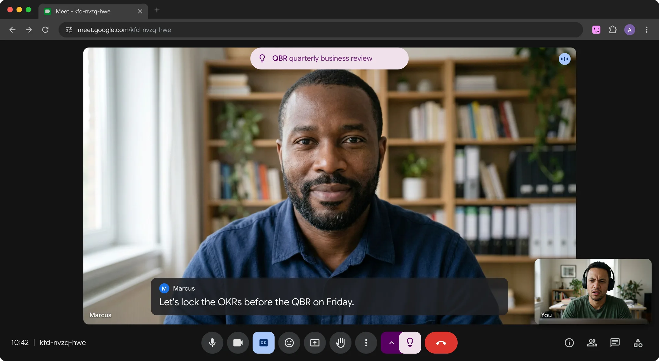 A Google Meet call where Marcus says "Let's lock the OKRs before the QBR on Friday" and a Hintly card at the top reads: QBR, quarterly business review